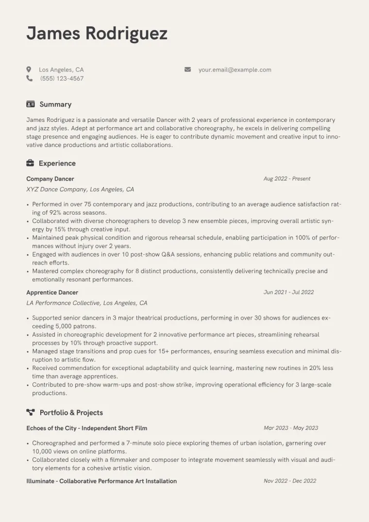 Dancer Resume Example CV template preview