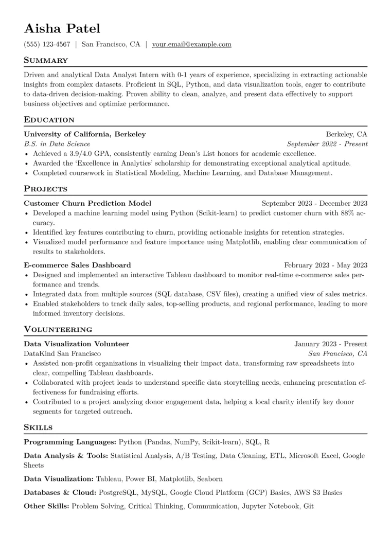 Data Analyst Intern Resume Example CV template preview