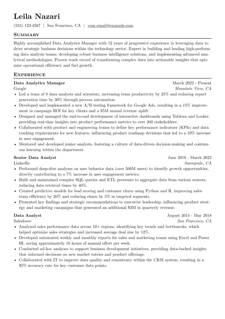 Data Analytics Manager Resume Example CV template preview