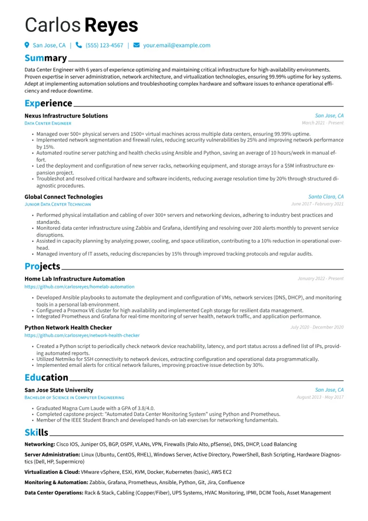 Data Center Engineer Resume Example CV template preview