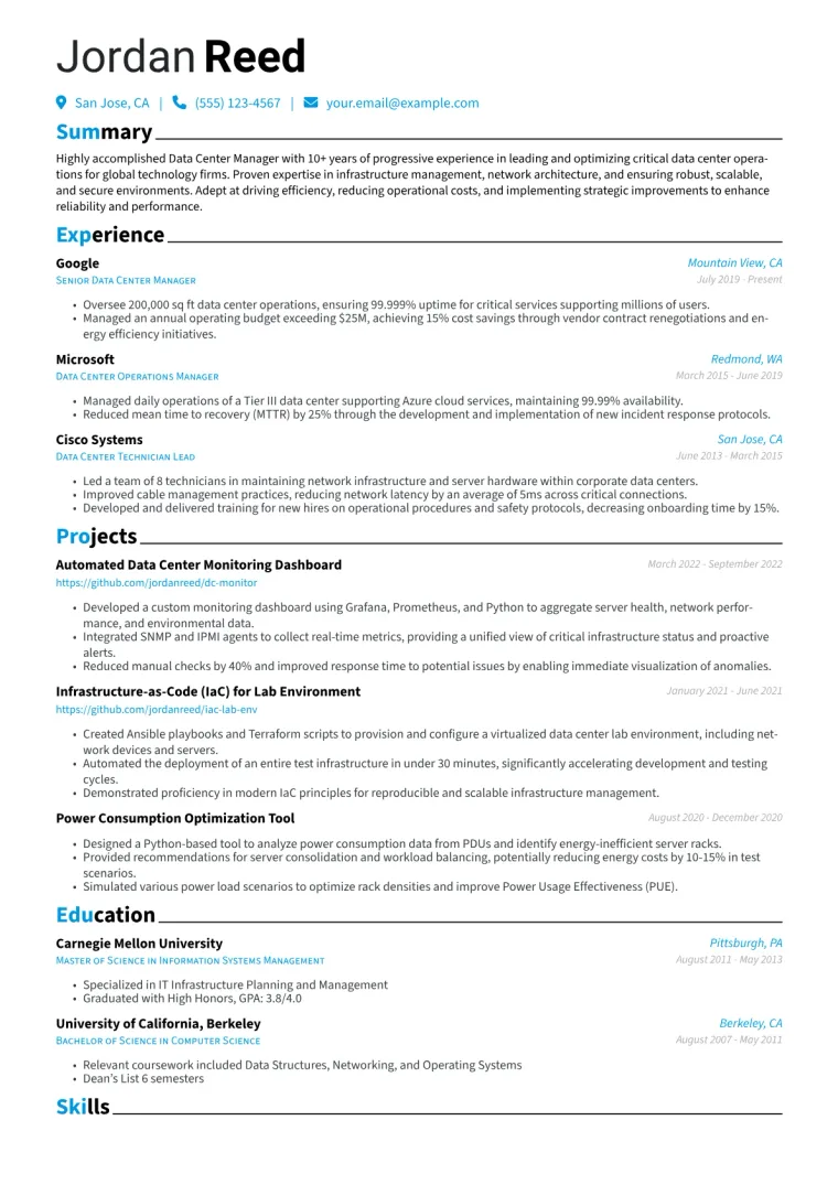 Data Center Manager Resume Example CV template preview