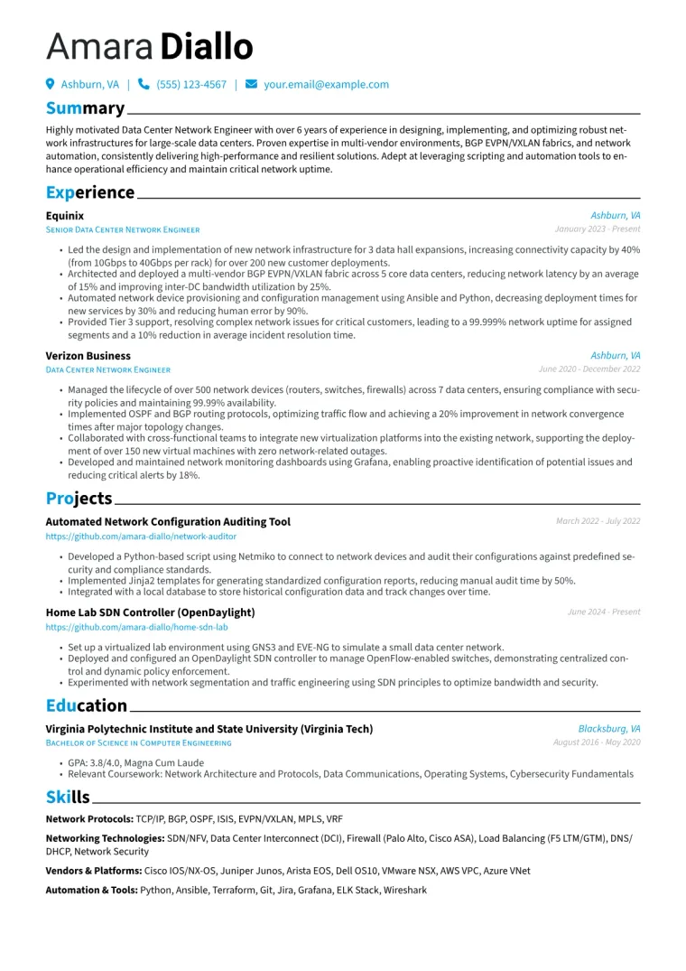 Data Center Network Engineer Resume Example CV template preview