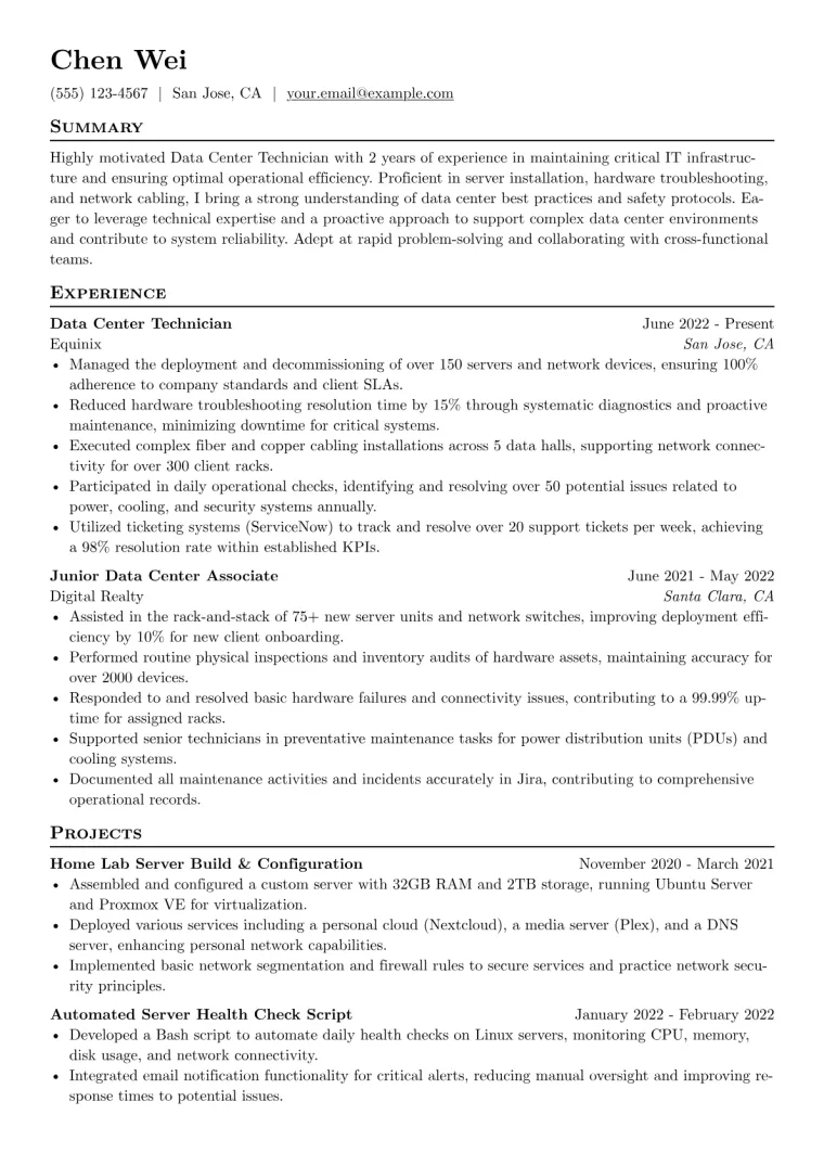 Data Center Technician Resume Example CV template preview