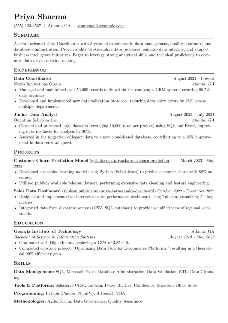 Data Coordinator Resume Example CV template preview