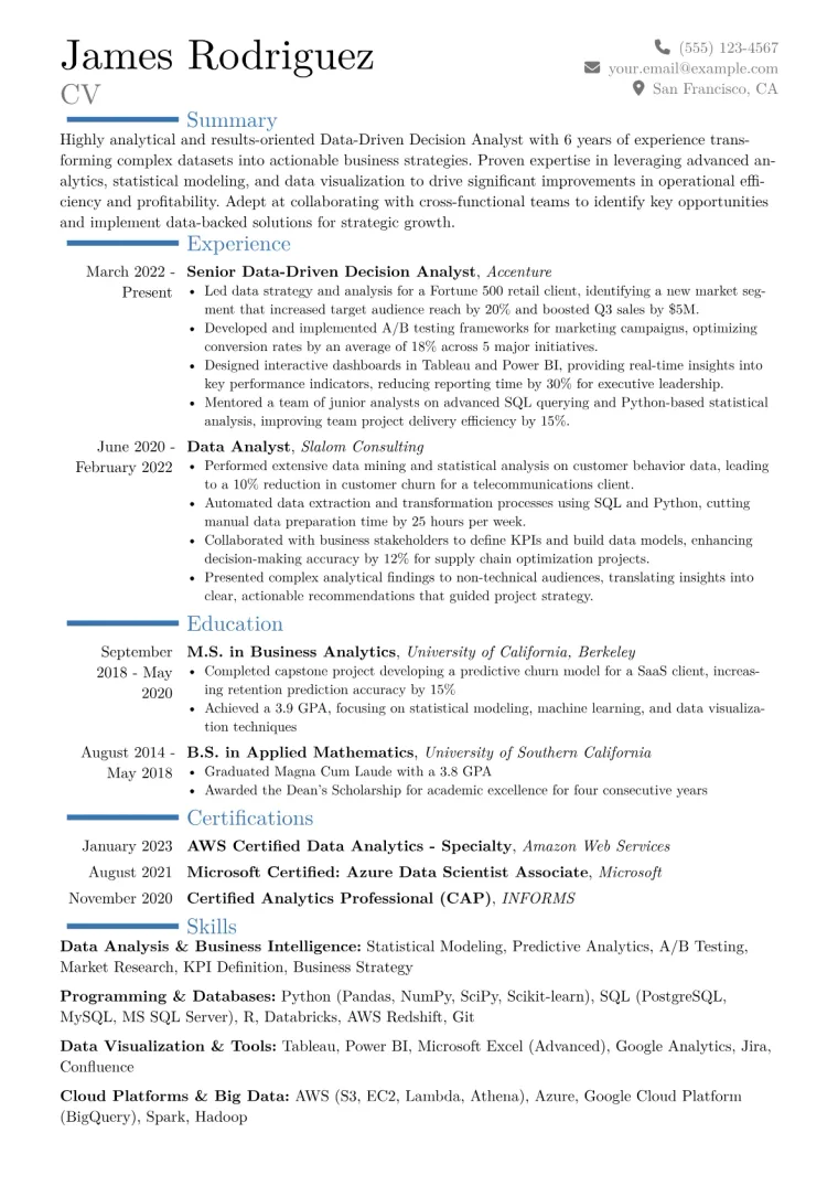 Data-Driven Decision Analyst Resume Example CV template preview