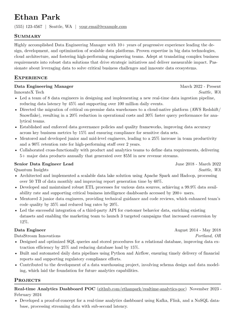 Data Engineering Manager Resume Example CV template preview