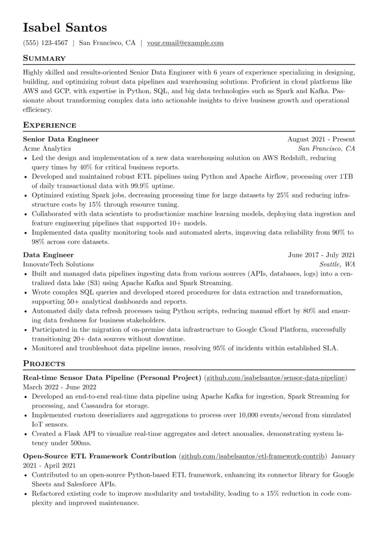 Data Engineering Resume Example CV template preview