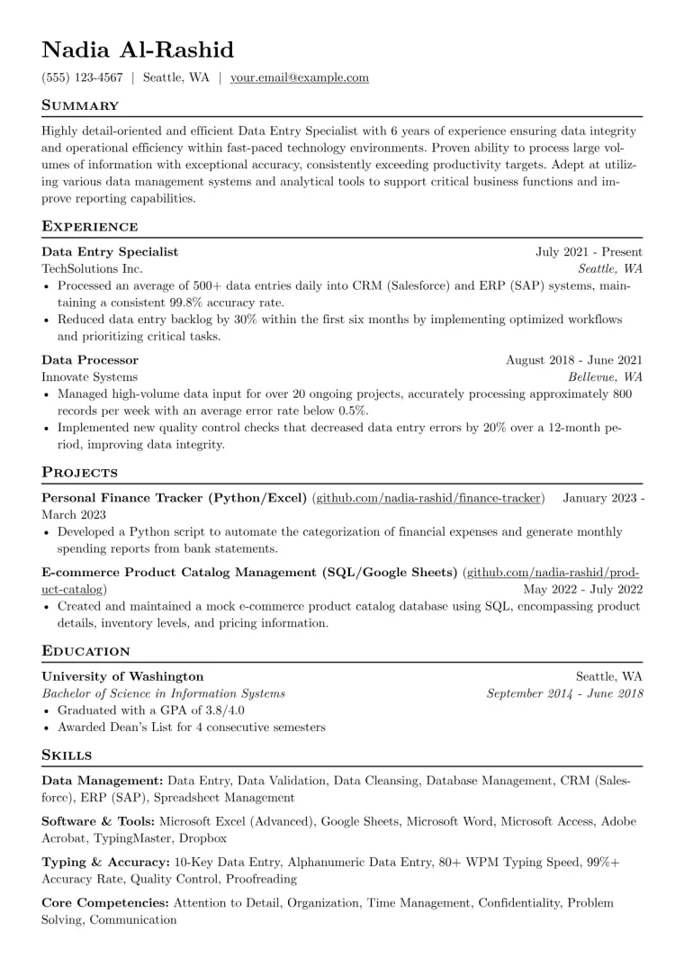 Data Entry Resume Example CV template preview