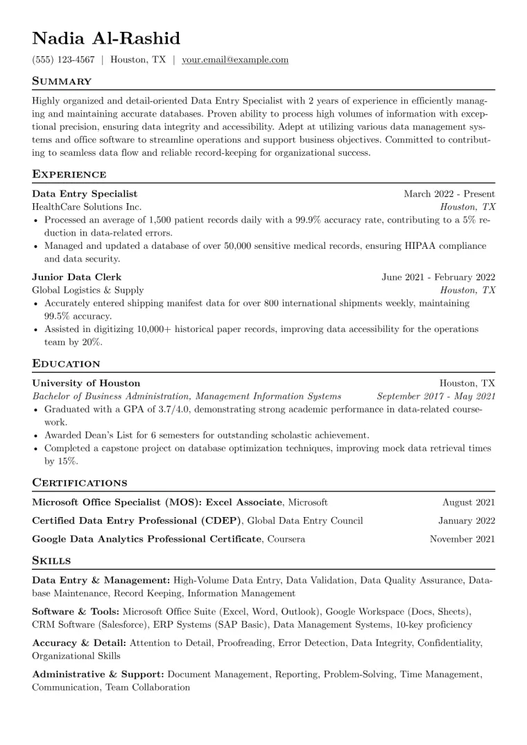 Data Entry Specialist Resume Example CV template preview