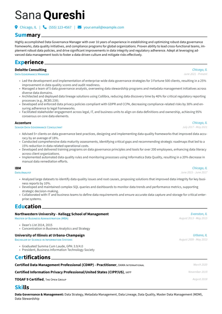 Data Governance Manager Resume Example CV template preview