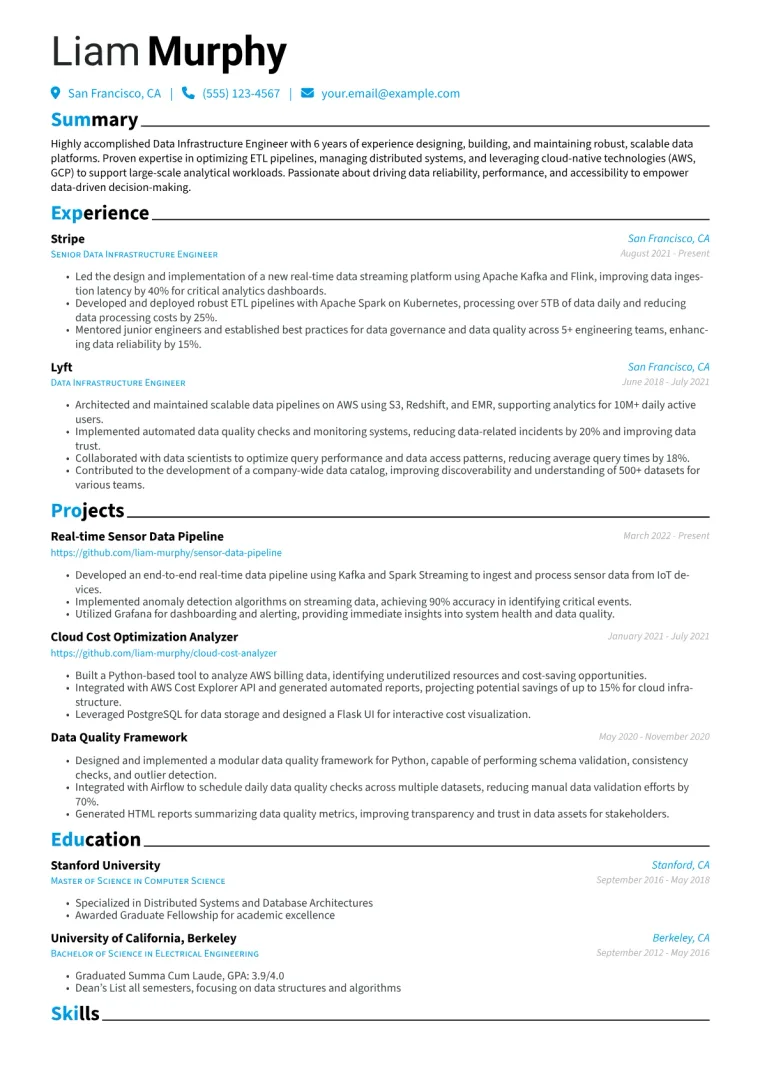 Data Infrastructure Engineer Resume Example CV template preview