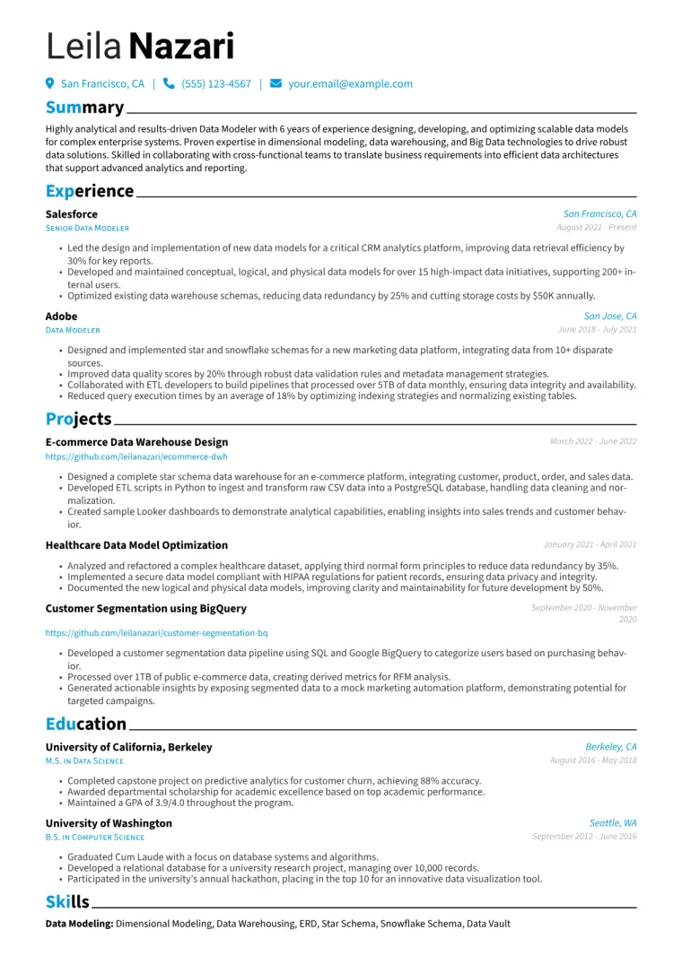 Data Modeler Resume Example CV template preview