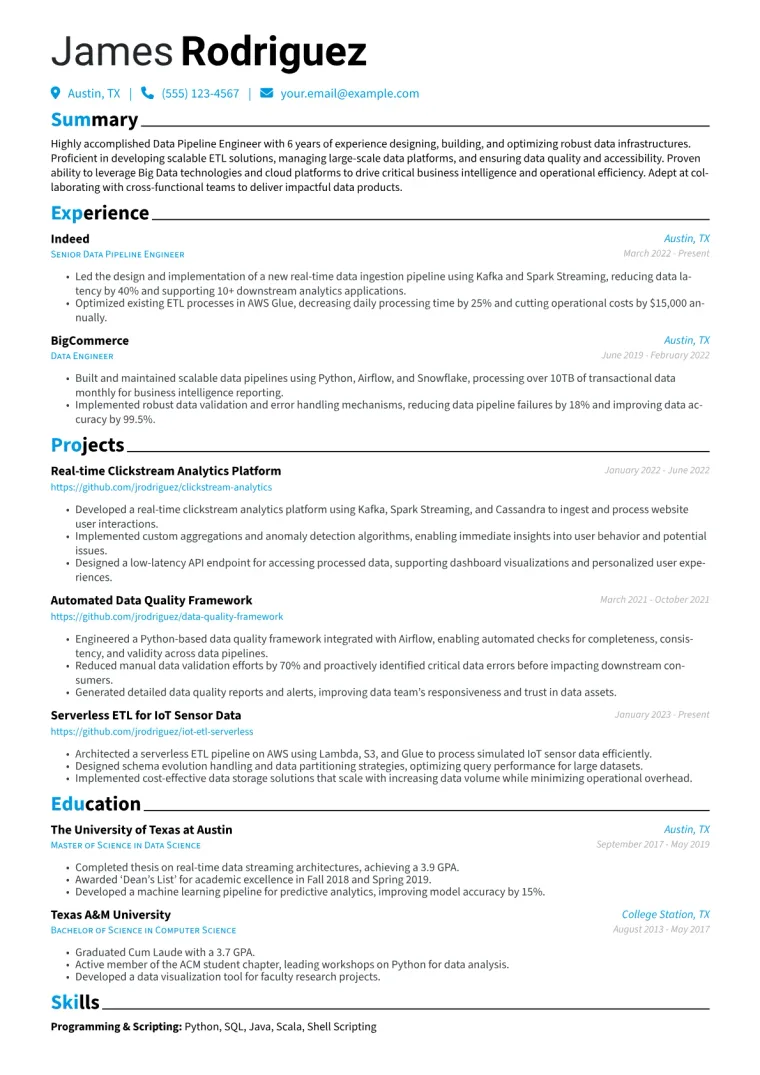 Data Pipeline Engineer Resume Example CV template preview