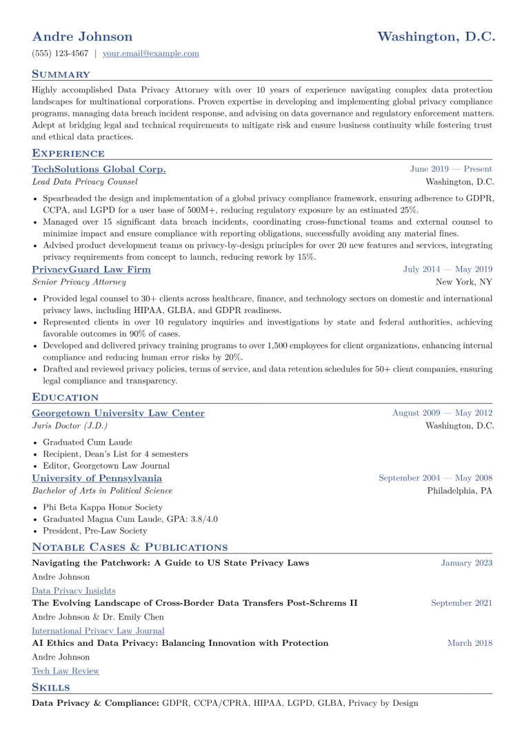 Data Privacy Attorney Resume Example CV template preview