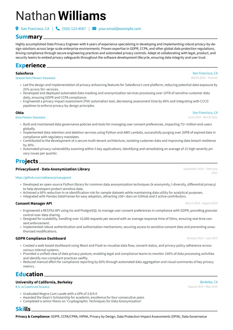 Data Privacy Engineer Resume Example CV template preview