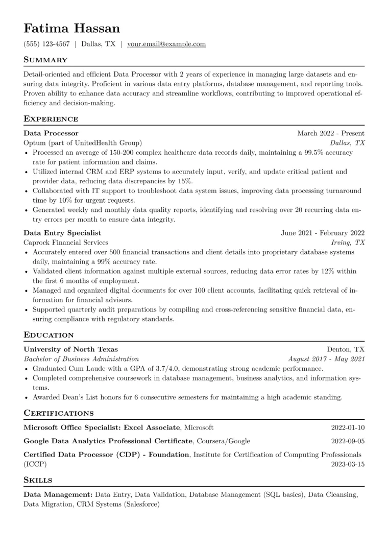 Data Processor Resume Example CV template preview