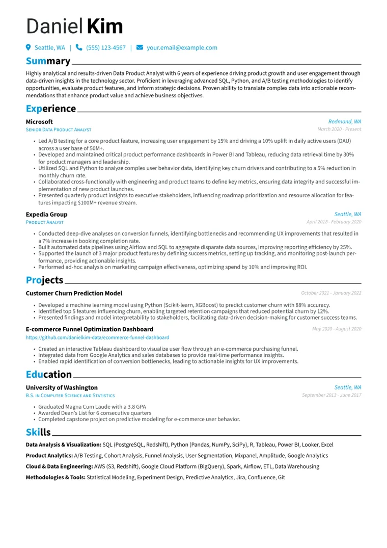 Data Product Analyst Resume Example CV template preview