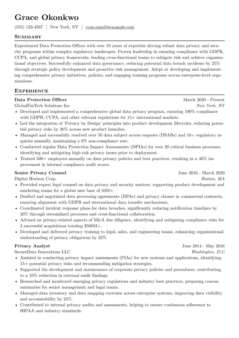Data Protection Officer Resume Example