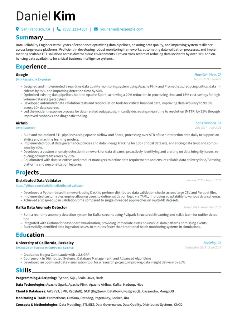 Data Reliability Engineer Resume Example CV template preview