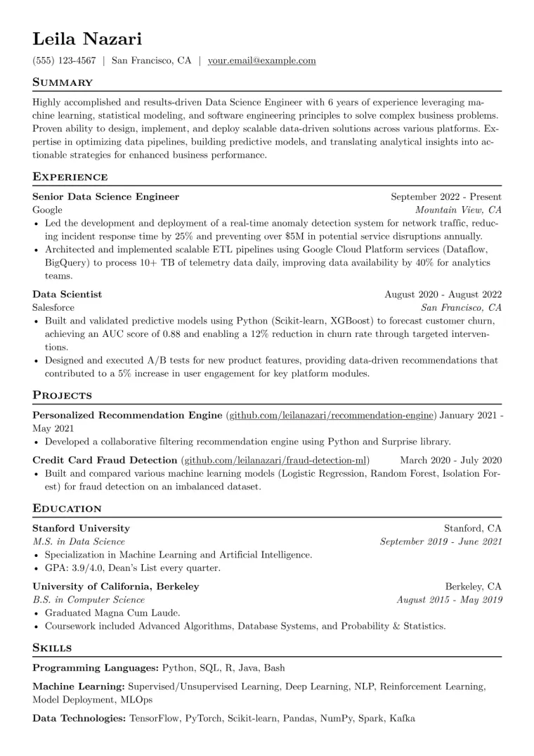 Data Science Engineer Resume Example CV template preview