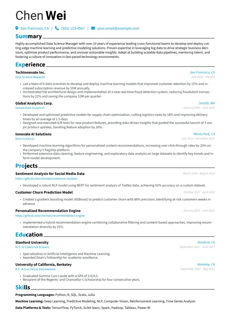 Data Science Manager Resume Example CV template preview