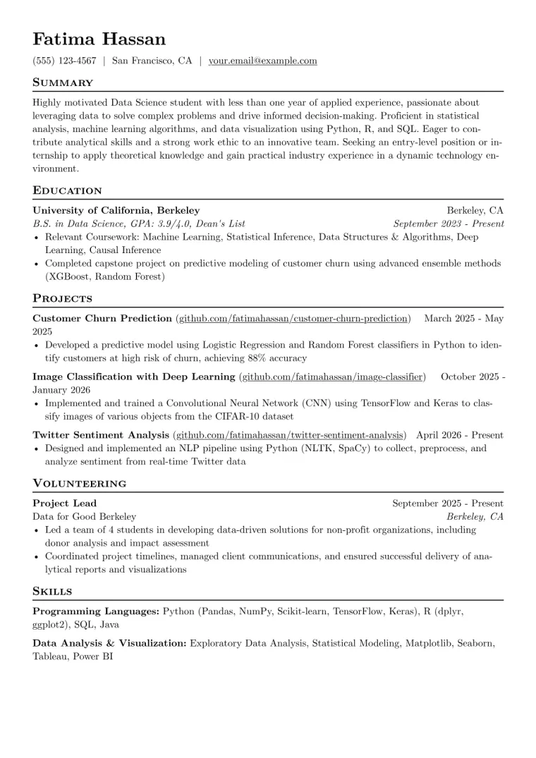 Data Science Student Resume Example CV template preview