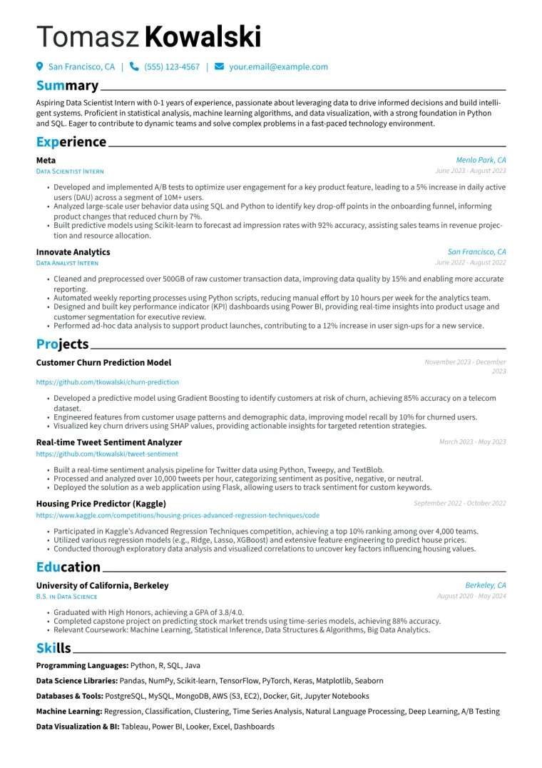 Data Scientist Intern Resume Example CV template preview