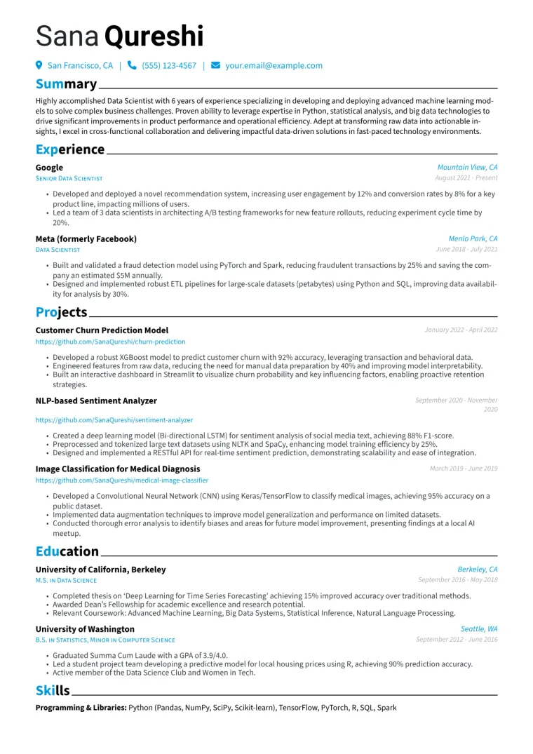 Data Scientist Resume Example CV template preview