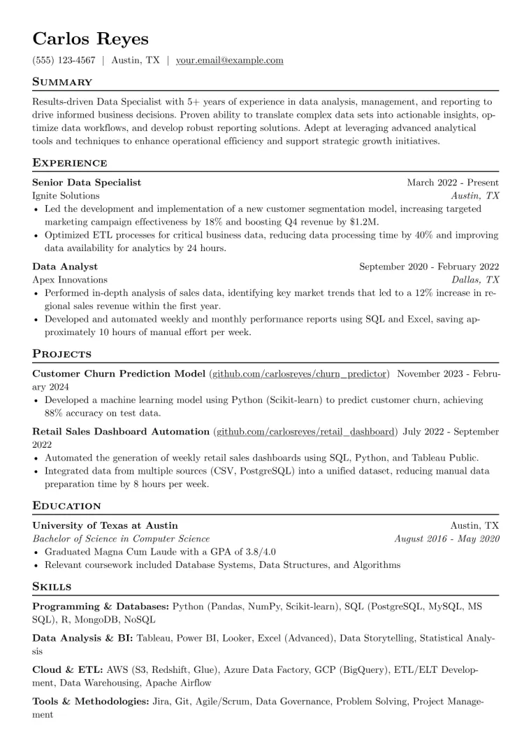 Data Specialist Resume Example CV template preview