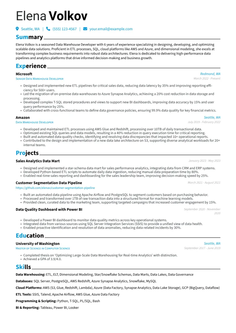 Data Warehouse Developer Resume Example CV template preview