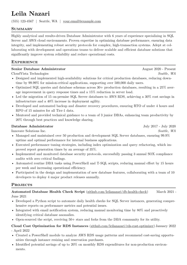 Database Administrator Resume Example CV template preview