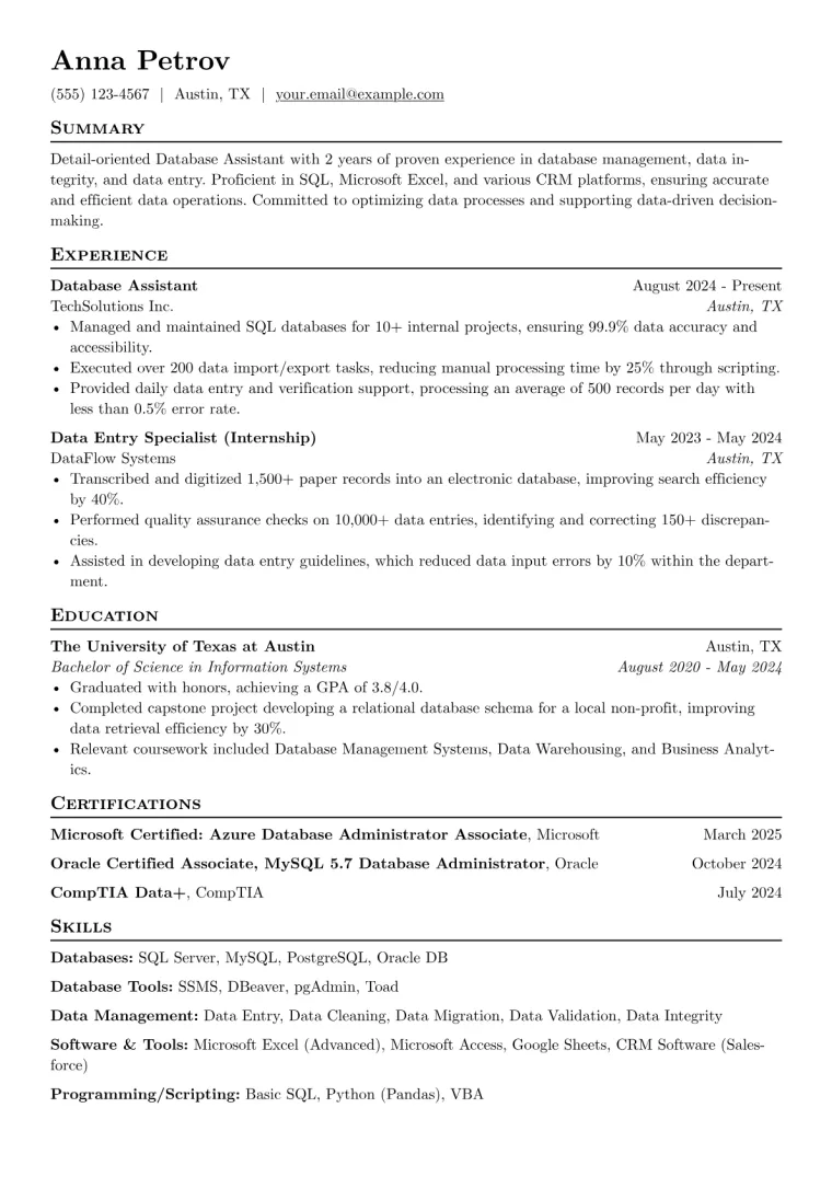 Database Assistant Resume Example CV template preview