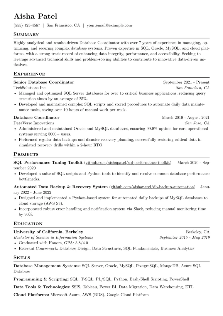 Database Coordinator Resume Example CV template preview