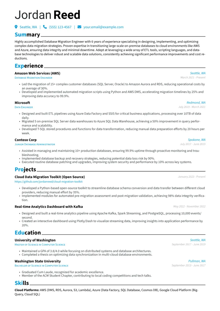 Database Migration Engineer Resume Example CV template preview