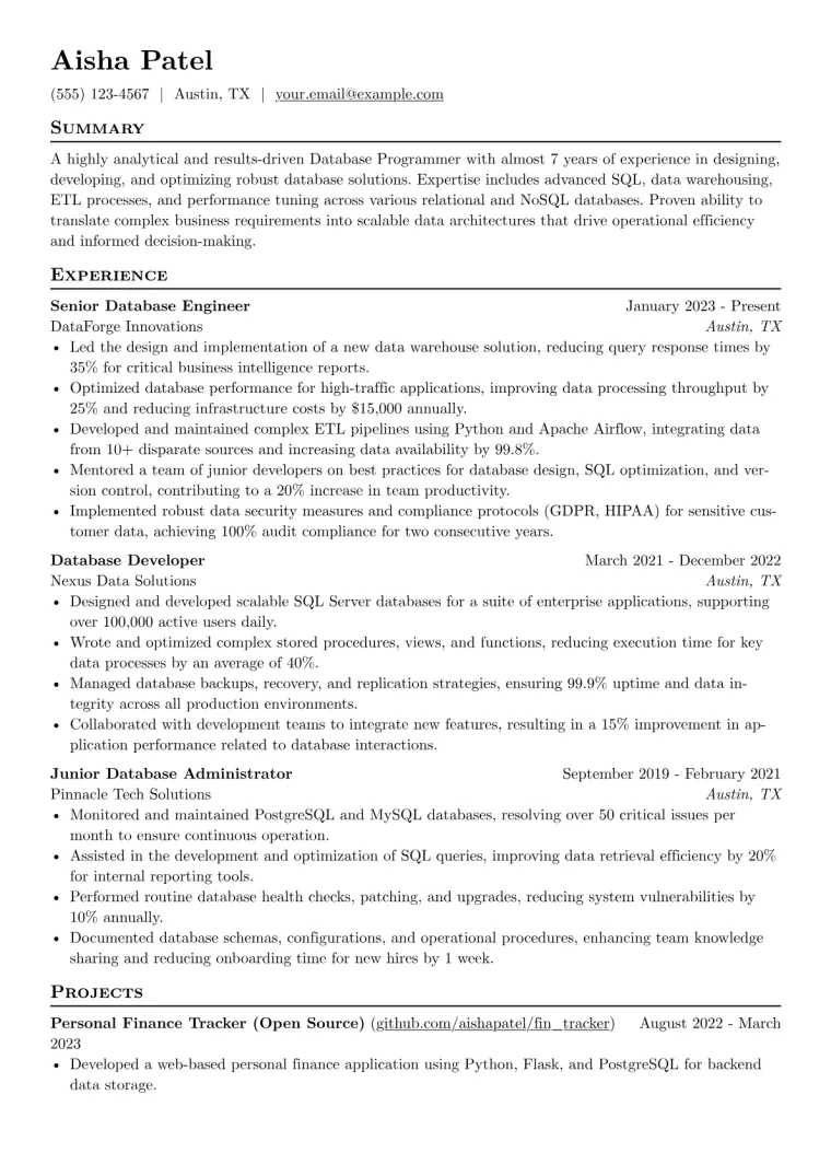 Database Programmer Resume Example CV template preview