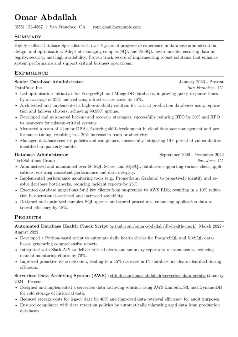 Database Specialist Resume Example CV template preview