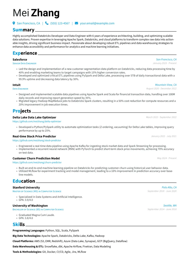 Databricks Developer Resume Example preview