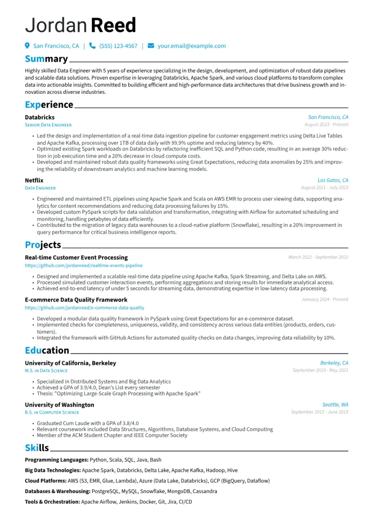 Databricks Engineer Resume Example CV template preview