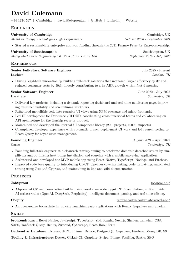 Senior Full-Stack Engineer CV template preview