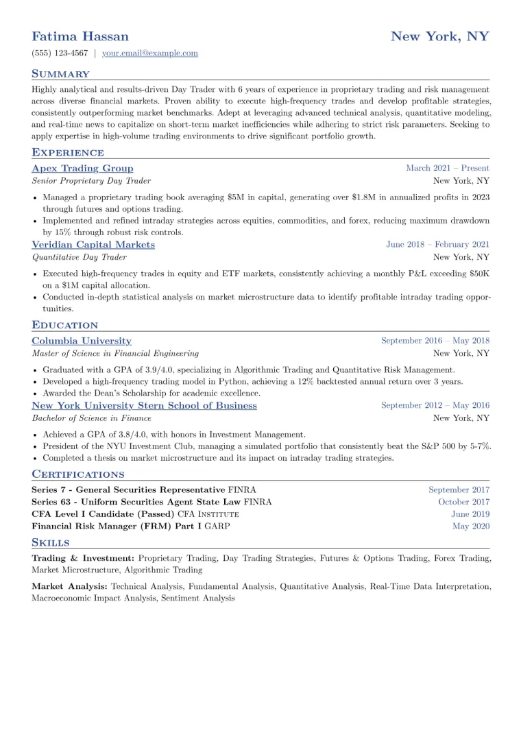 Day Trader Resume Example CV template preview
