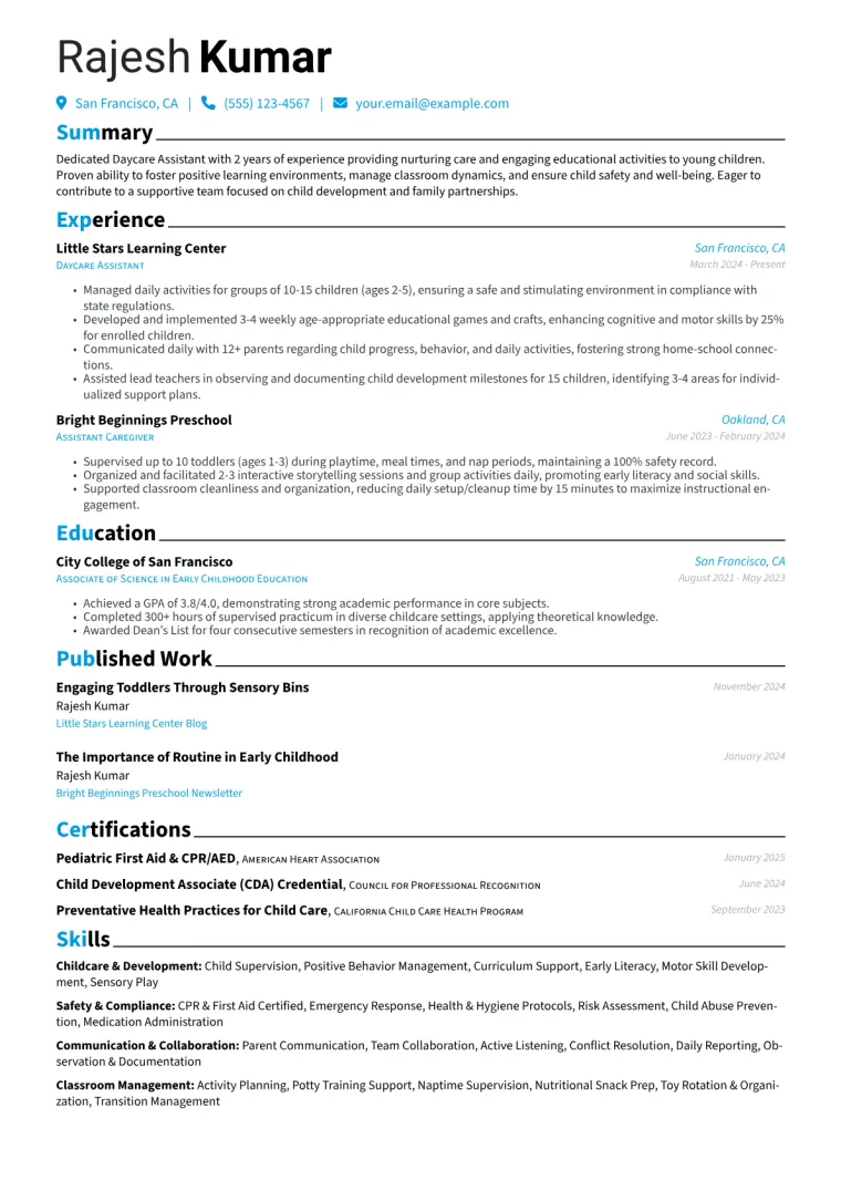 Daycare Assistant Resume Example CV template preview