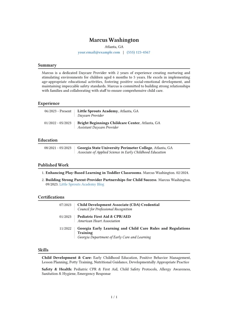 Daycare Provider Resume Example CV template preview