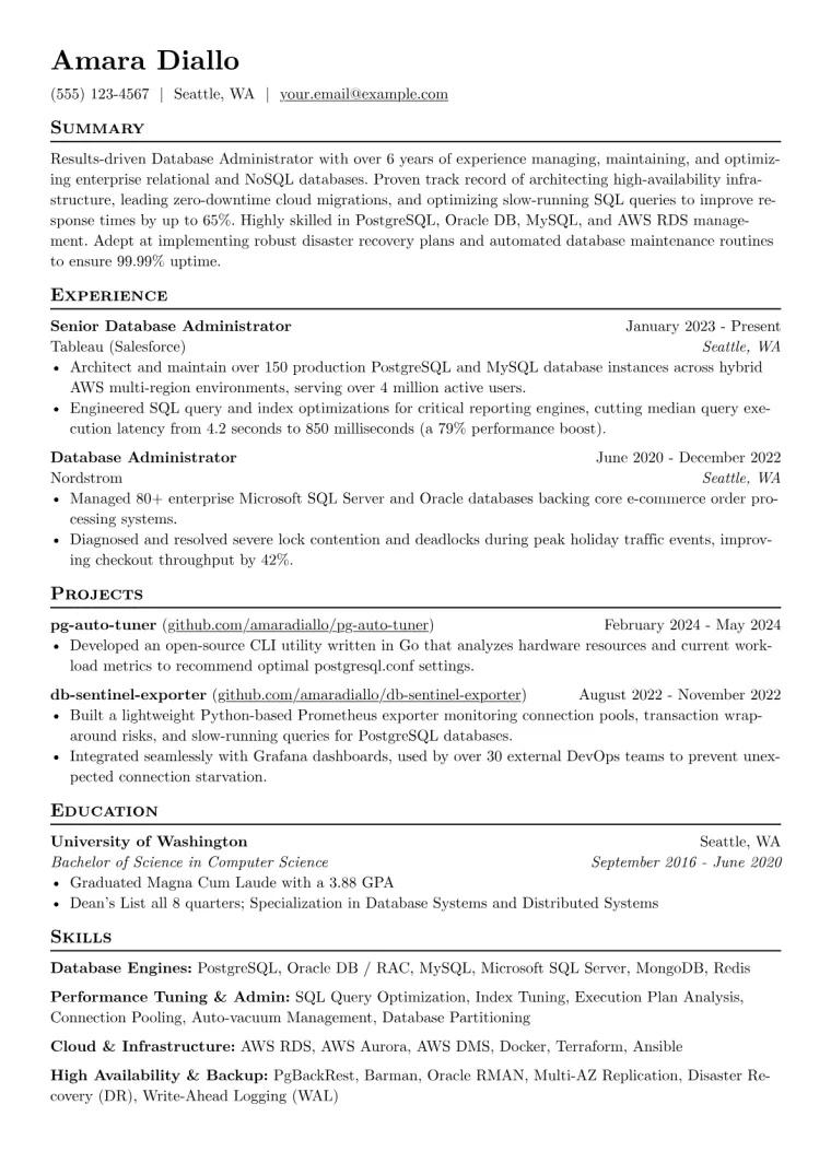 DBA Resume Example CV template preview