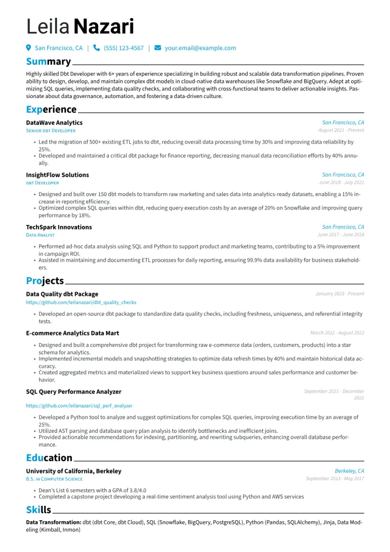 Dbt Developer Resume Example CV template preview