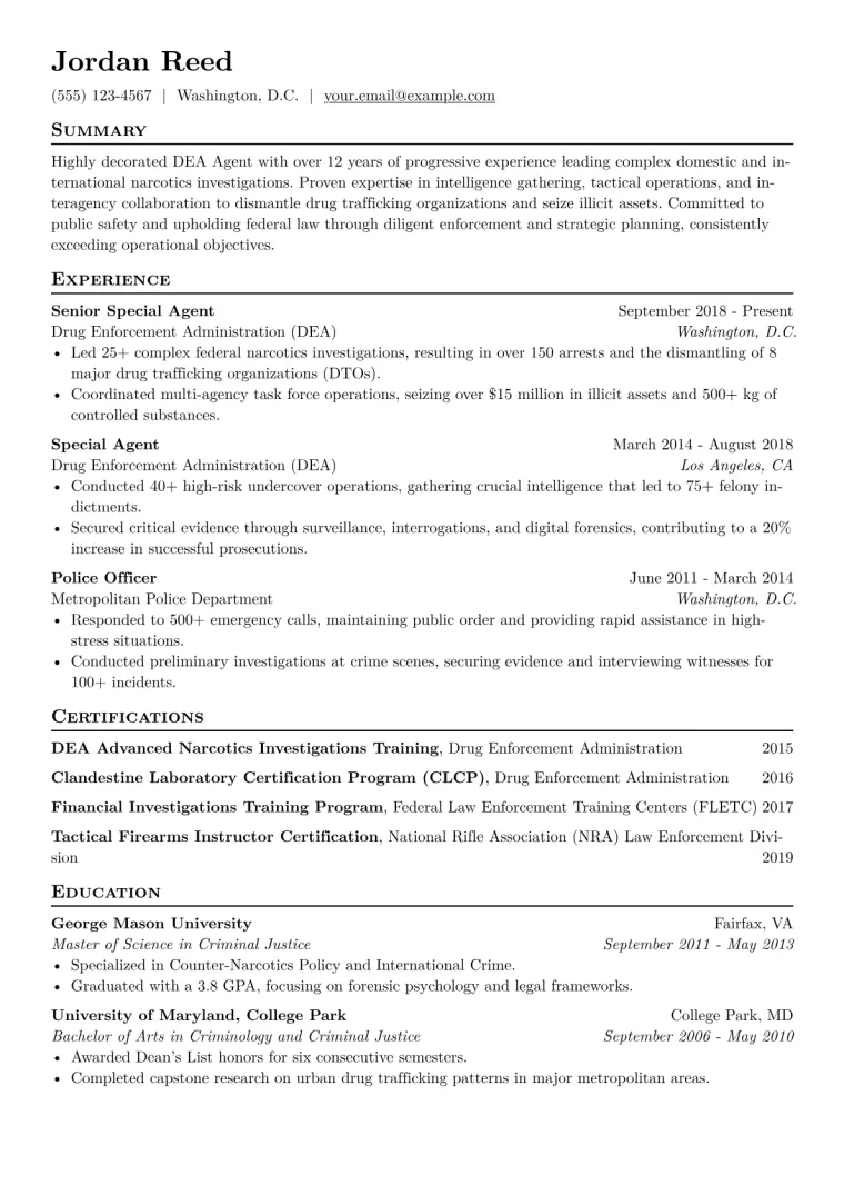 DEA Agent Resume Example CV template preview