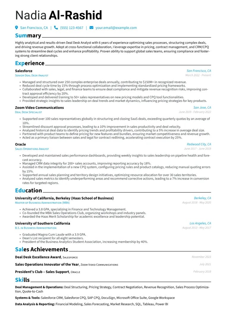 Deal Desk Analyst Resume Example CV template preview