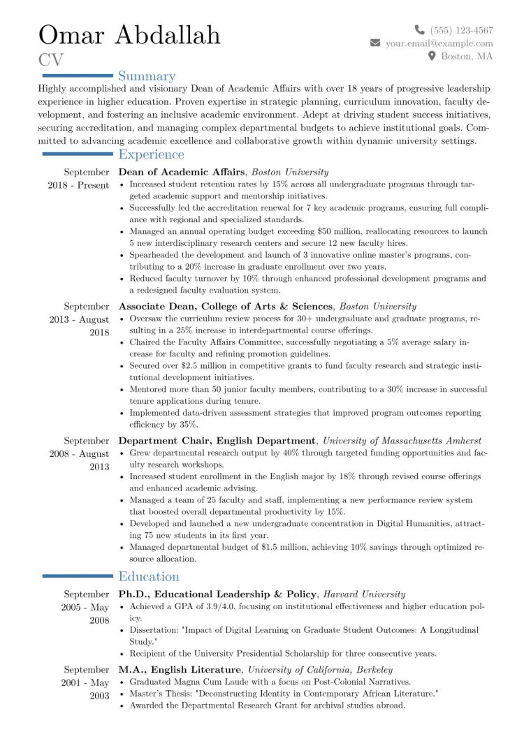 Dean of Academic Affairs Resume Example CV template preview