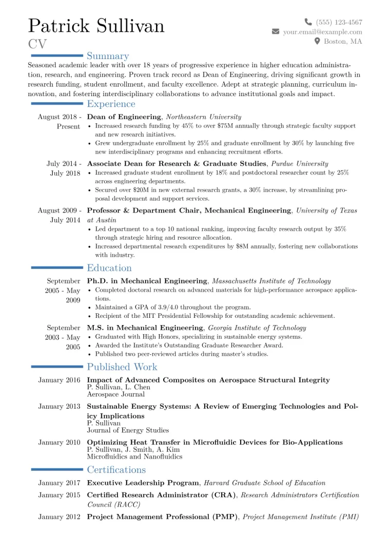 Dean of Engineering Resume Example CV template preview