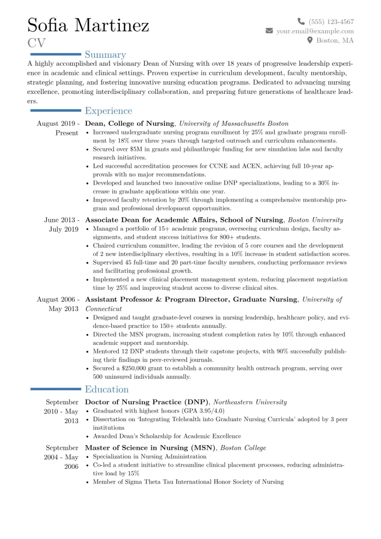 Dean of Nursing Resume Example CV template preview