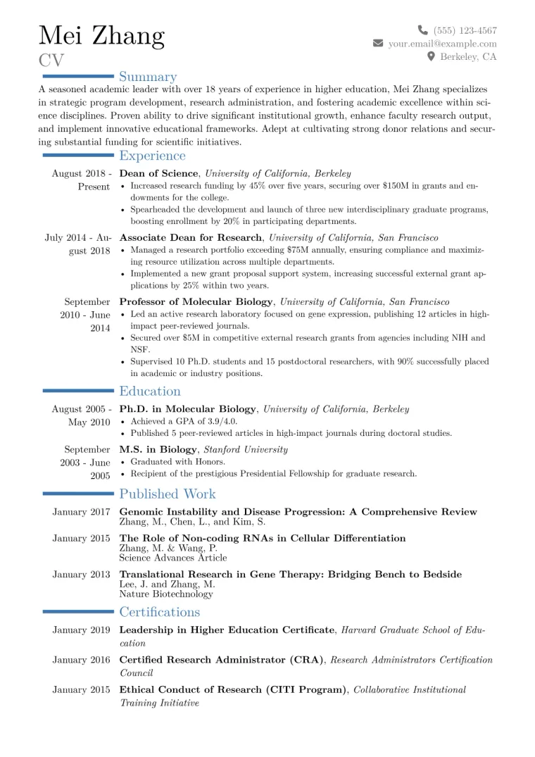 Dean of Science Resume Example CV template preview